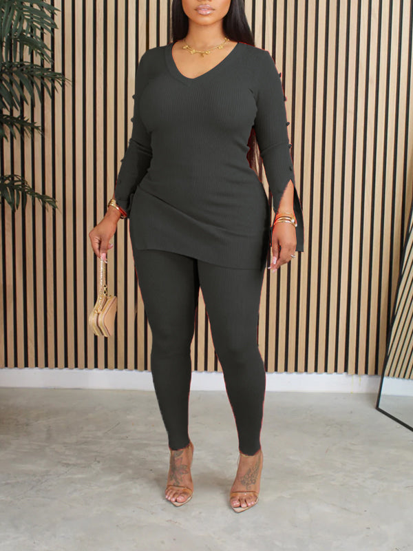 Ribbed V-Neck Top & Pants Set