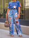 Morchique Abstract Printed Ripped Jeans