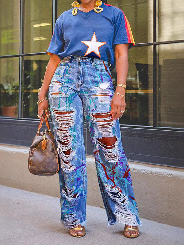 Morchique Abstract Printed Ripped Jeans