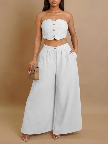 Button-Front Tube Top & Wide-Leg Pants Set