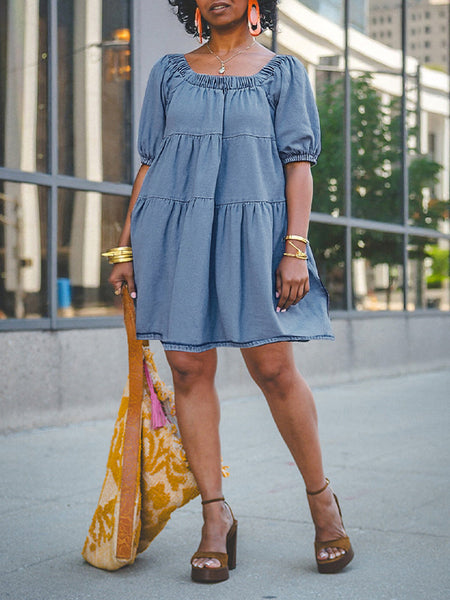 Elastic Neckline Denim Dress
