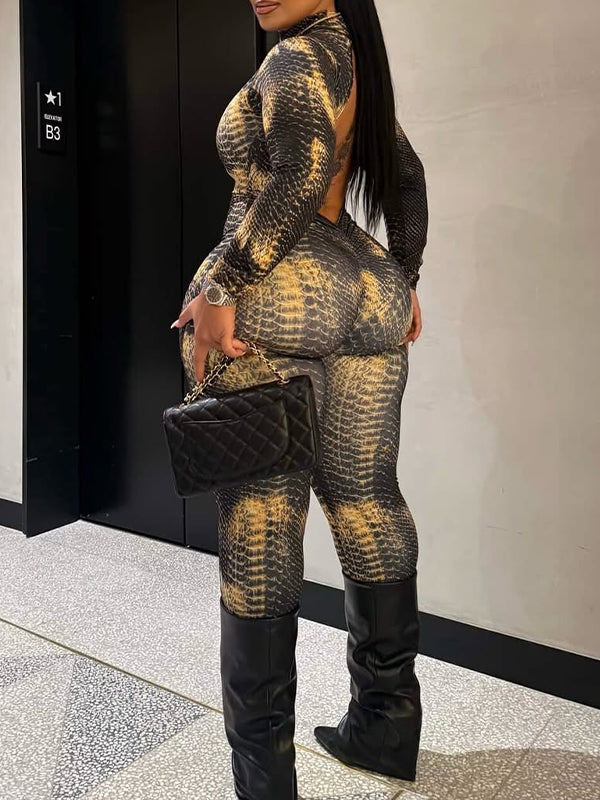 Snake-Print Open-Back Jumpsuit