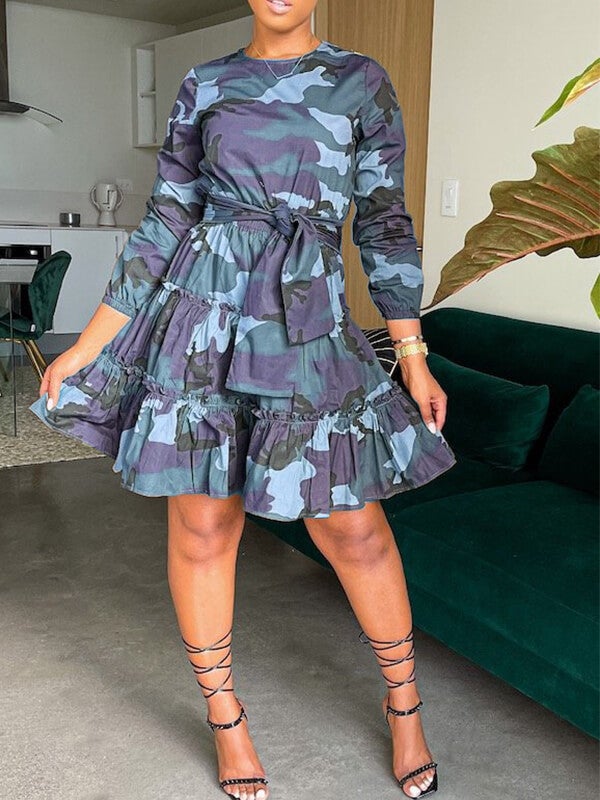 Camo Tied Ruffle Dress--Clearance