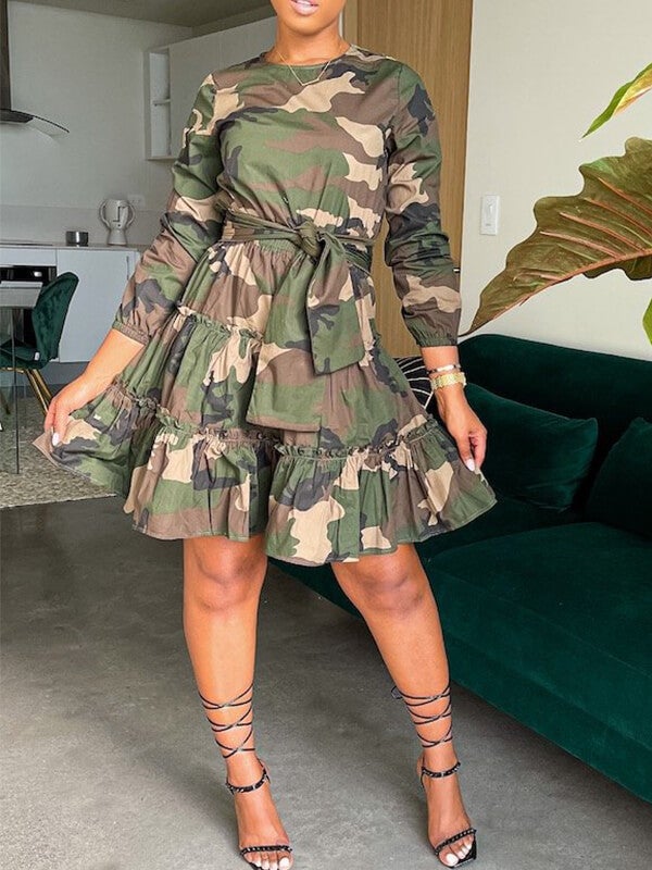 Camo Tied Ruffle Dress--Clearance