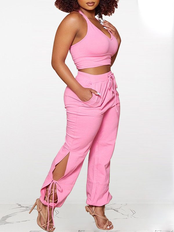 Solid Tank Top & Tied Pants Set-Clearance