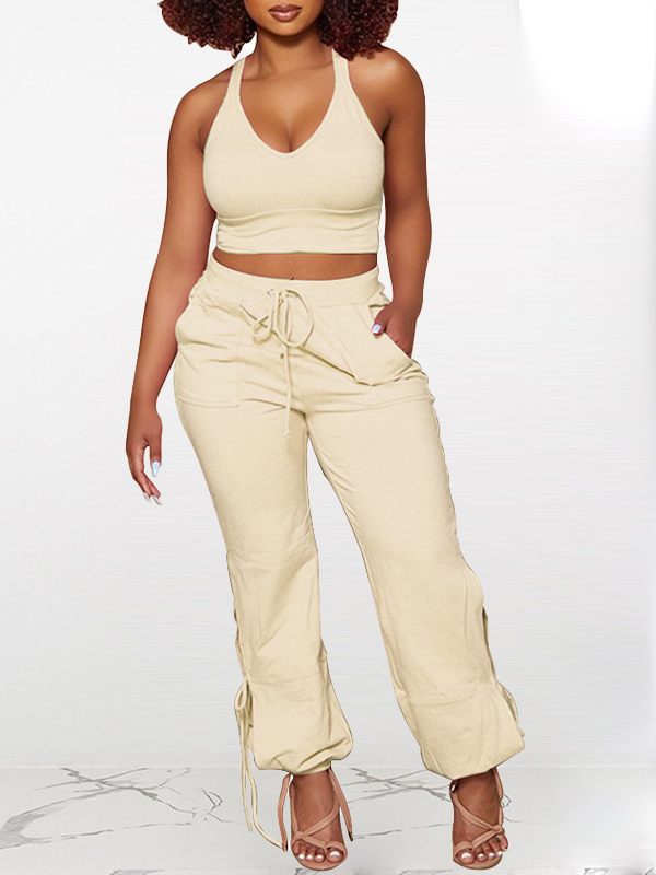 Solid Tank Top & Tied Pants Set-Clearance