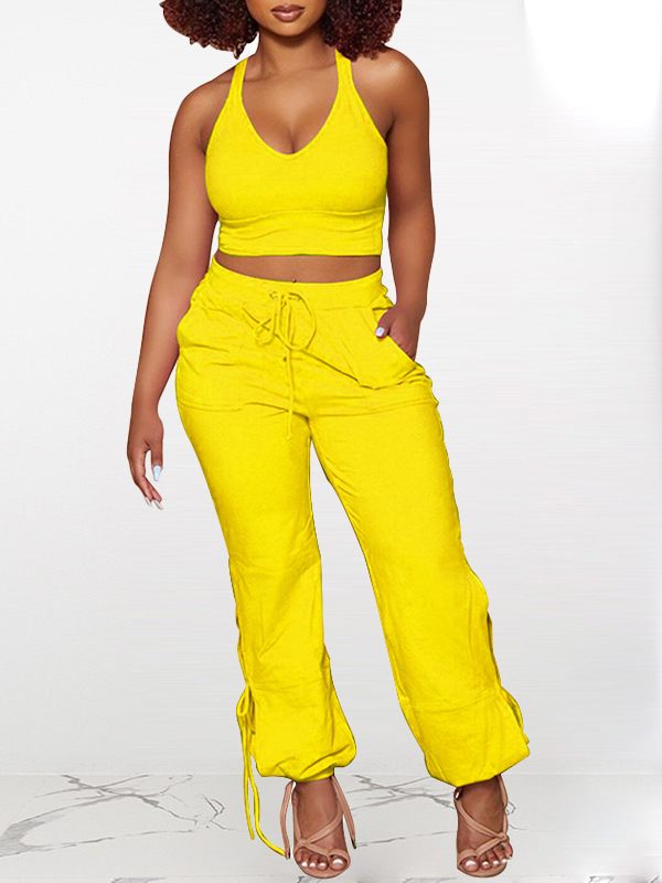 Solid Tank Top & Tied Pants Set-Clearance