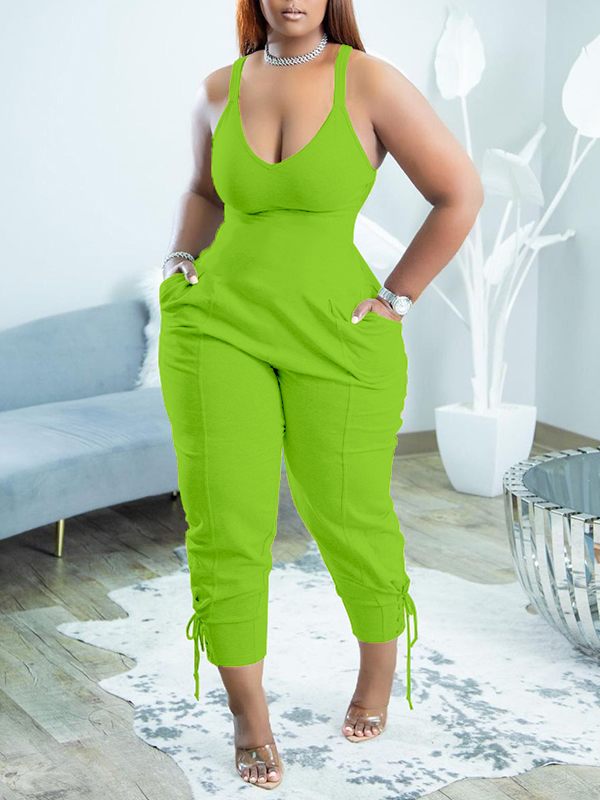 Solid V-Neck Sleeveless Jumpsuit-Clearance