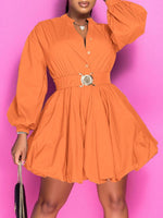 Button-Front Belted Puffy Dress--Clearance