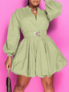 Button-Front Belted Puffy Dress--Clearance