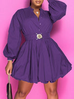 Button-Front Belted Puffy Dress--Clearance