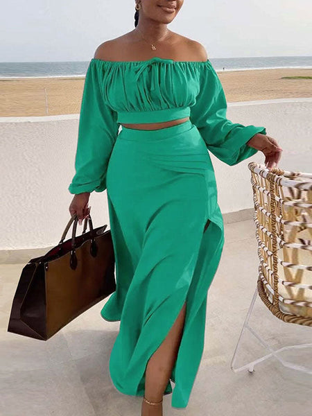 Morchique Off-Shoulder Crop Top & Slit Skirt Set