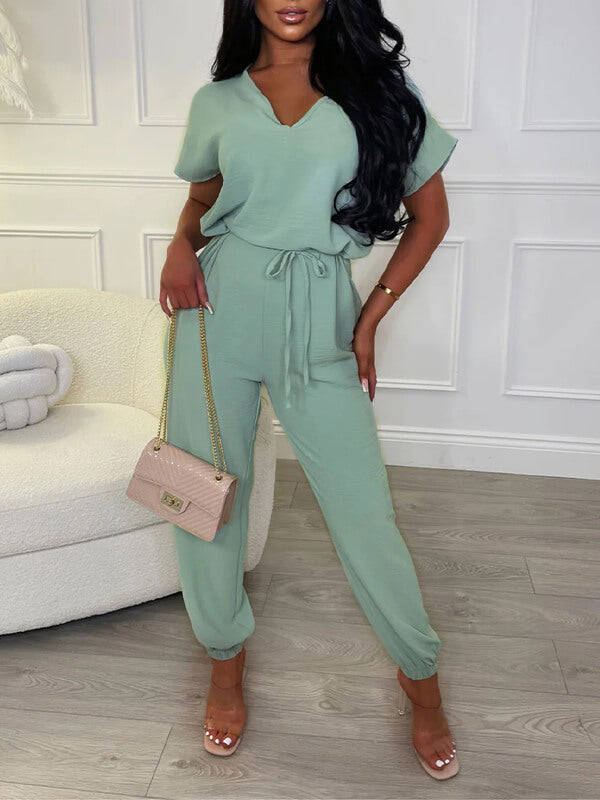 Solid V-Neck Tied Jumpsuit