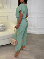 Solid V-Neck Tied Jumpsuit