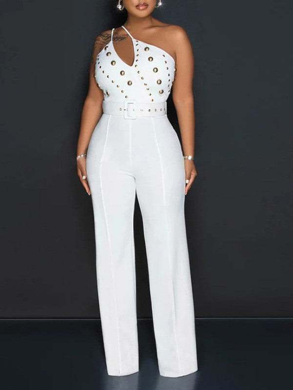 Studded Belted One-Shoulder Jumpsuit