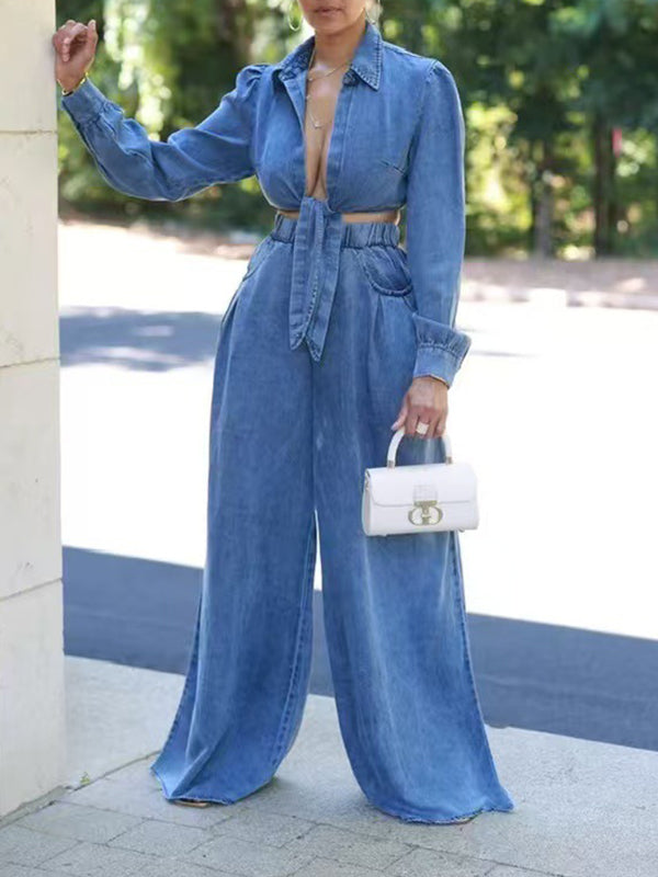 Morchique Denim Tied Shirt & Wide-Leg Pants Set