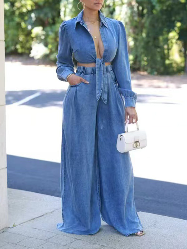 Morchique Denim Tied Shirt & Wide-Leg Pants Set