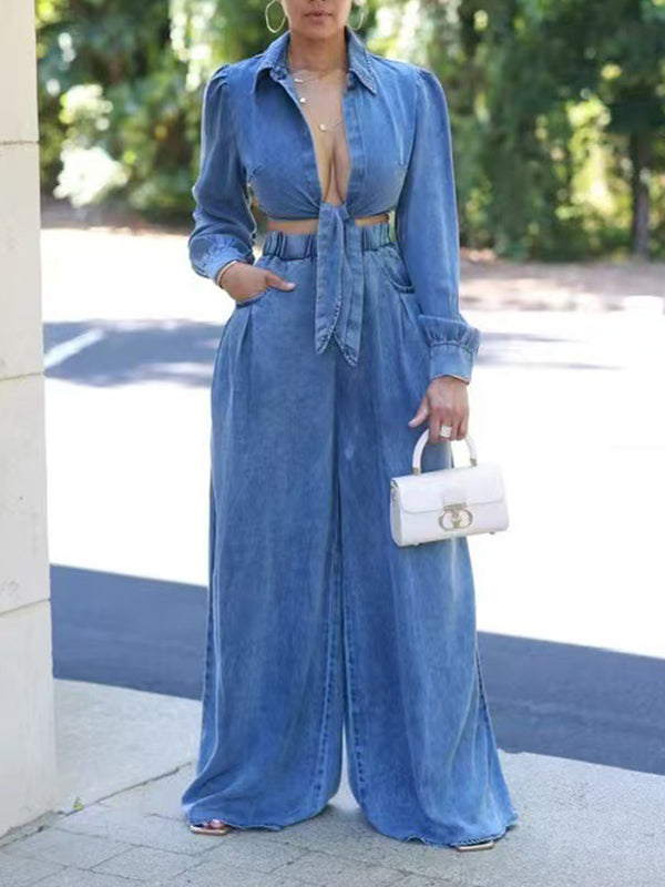 Morchique Denim Tied Shirt & Wide-Leg Pants Set