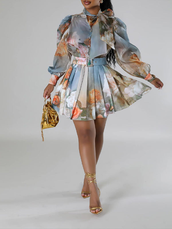 Morchique Printed Blouse & Pleated Skirt Set
