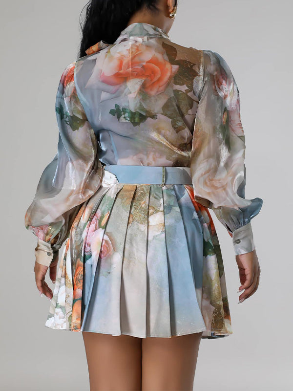 Morchique Printed Blouse & Pleated Skirt Set
