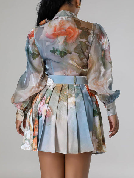 Morchique Printed Blouse & Pleated Skirt Set