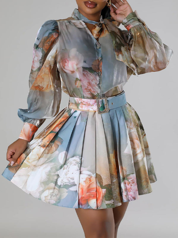 Morchique Printed Blouse & Pleated Skirt Set