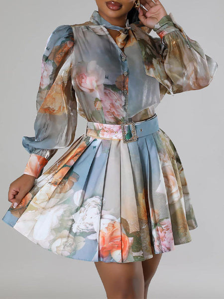 Morchique Printed Blouse & Pleated Skirt Set