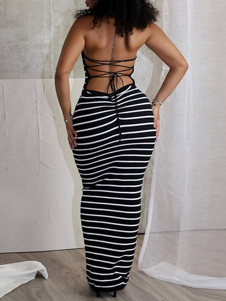 Morchique  Stripe Halter Maxi Dress