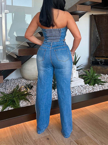 Morchique Button-Front Strapless Denim Jumpsuit