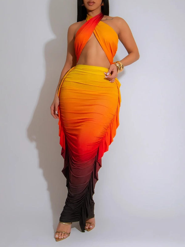 Ombre Halter Top & Fringe Skirt Set