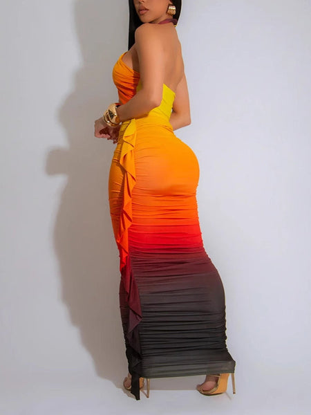 Morchique Ombre Halter Top & Fringe Skirt Set