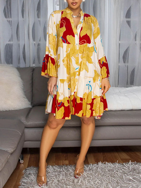 Printed Button-Front Ruffle Dress