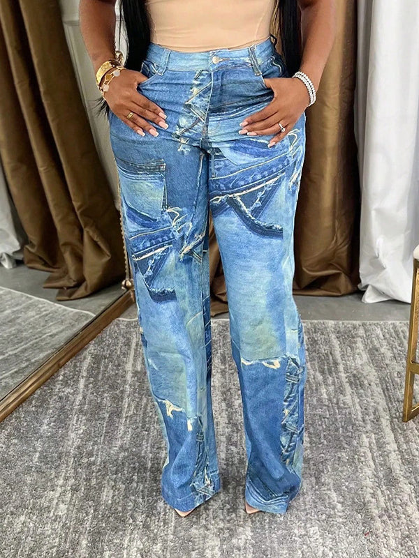 Denim Print Pants