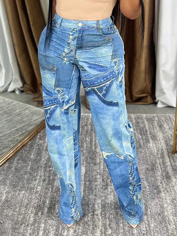 Denim Print Pants