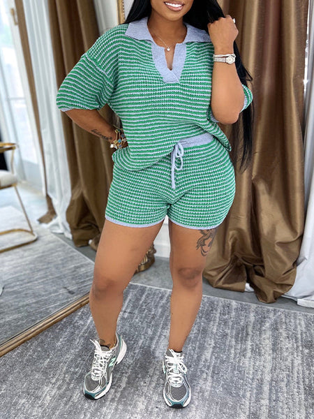 Morchique Stripe Knit Polo Tee & Shorts Set