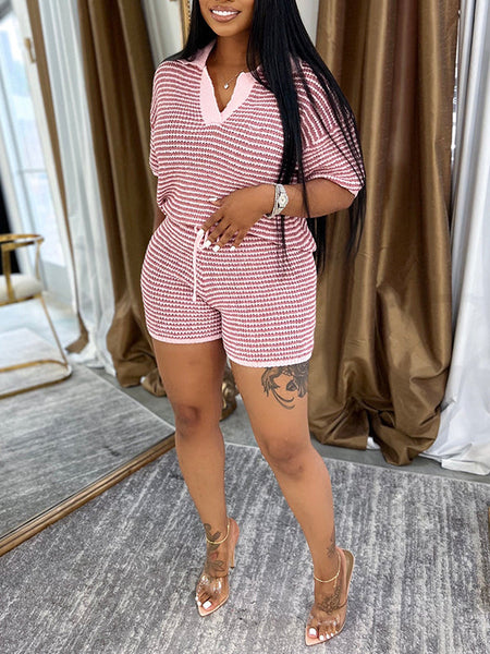Morchique Stripe Knit Polo Tee & Shorts Set
