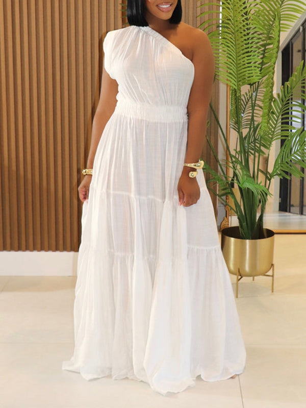 Morchique Solid One-Shoulder Ruffle Dress