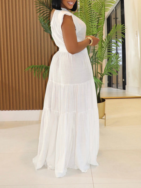 Morchique Solid One-Shoulder Ruffle Dress