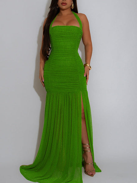 Ruched Halter Slit Dress