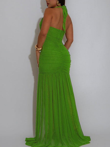 Ruched Halter Slit Dress