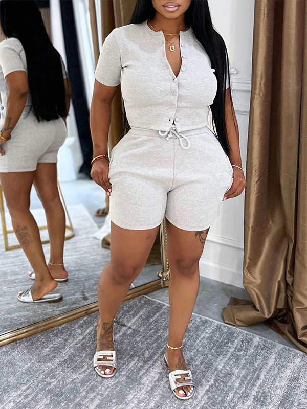 Morchique Solid Button-Front Top & Shorts Set