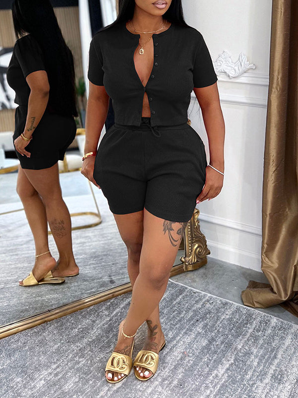 Morchique Solid Button-Front Top & Shorts Set