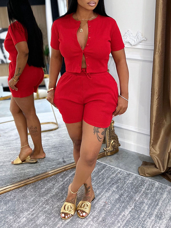 Morchique Solid Button-Front Top & Shorts Set