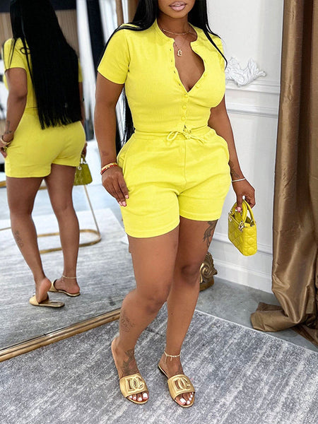 Morchique Solid Button-Front Top & Shorts Set