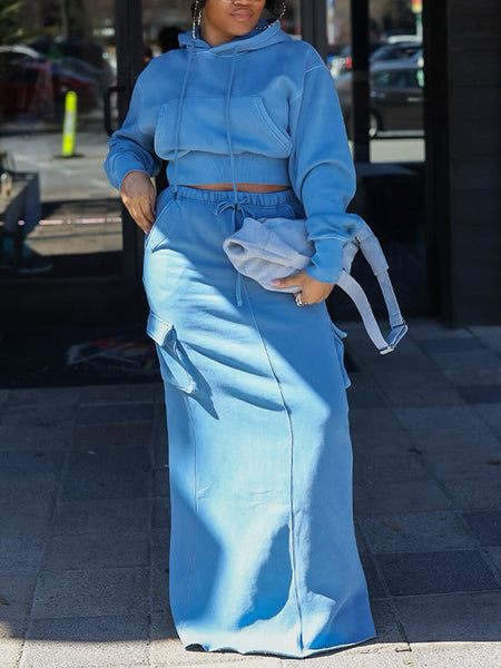 Solid Hoodie & Skirt Set