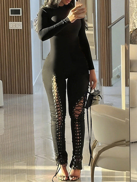 Solid Lace-Up Skinny Jumpsuit
