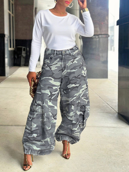 Camo Wide-Leg Cargo Pants