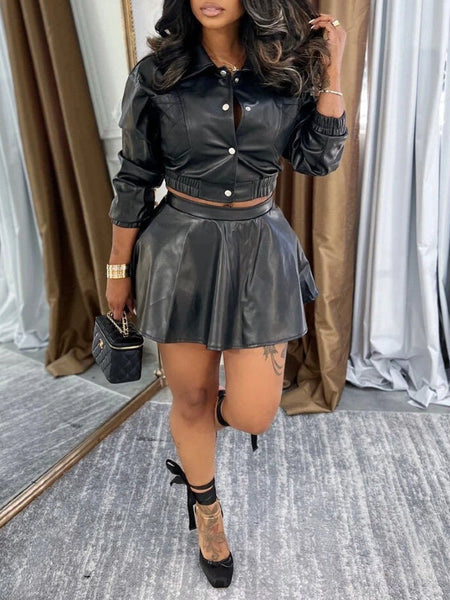 Faux-Leather Jacket & Skirt Set
