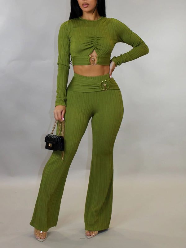 Solid Ribbed Pants Set
