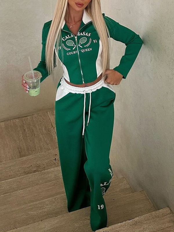 Printed Zip-Front Jacket & Pants Set